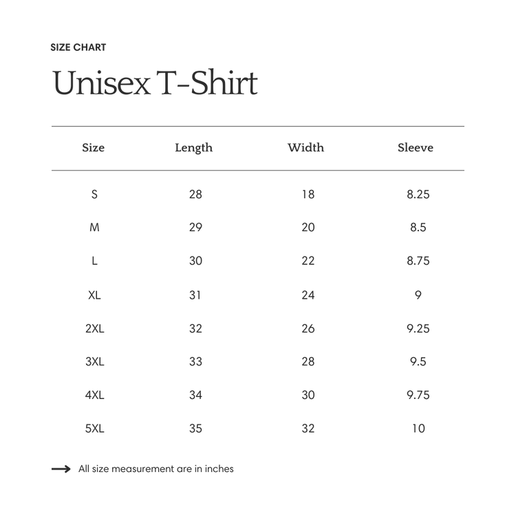 a size chart for a unisex t-shirt, providing measurements for different sizes ranging from S to L. The chart includes the size, length, width, and sleeve length for each size, allowing customers to choose the appropriate size based on their measurements. The image does not contain any text that describes each individual image or provides additional information about the content of the image.