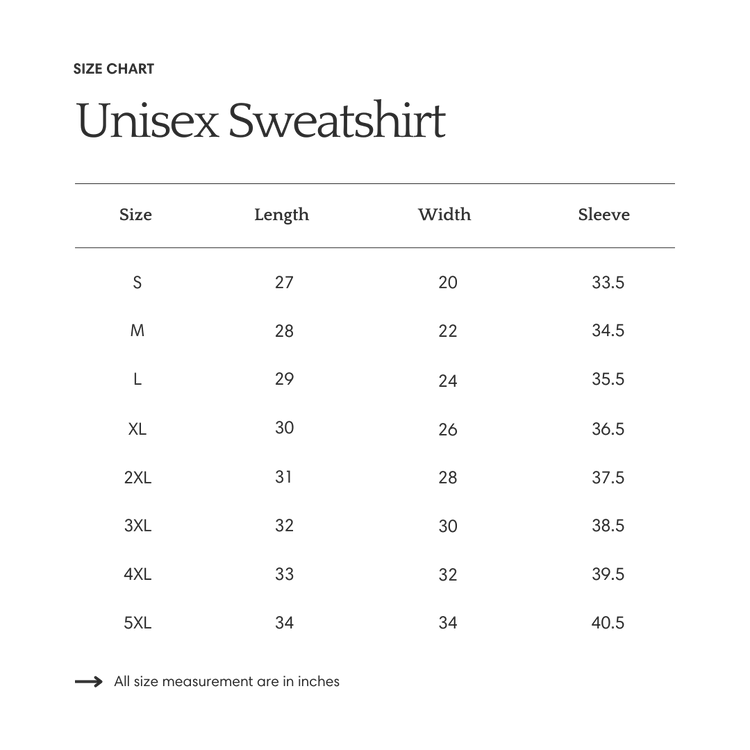 The image is a size chart for a unisex sweatshirt, providing measurements for different sizes such as S, M, L, XL, 2XL, 3XL, and 5XL. The chart indicates that all size measurements are in inches.