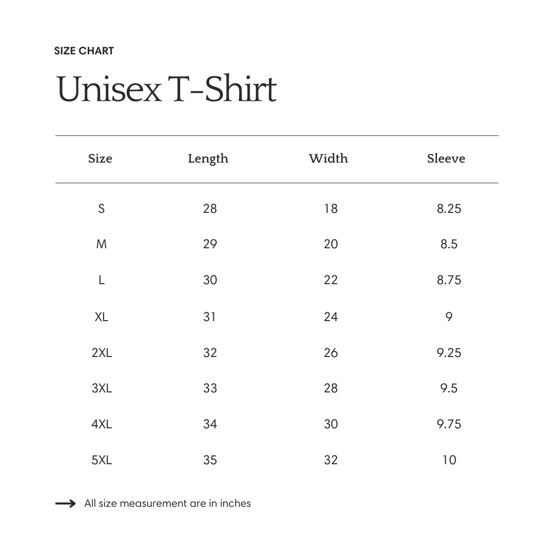 a size chart for a unisex t-shirt, providing measurements for different sizes ranging from S to L. The chart includes the size, length, width, and sleeve length for each size, allowing customers to choose the appropriate size based on their measurements. The image does not contain any text that describes each individual image or provides additional information about the content of the image.