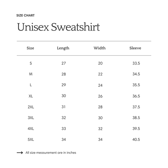 The image is a size chart for a unisex sweatshirt, providing measurements for different sizes such as S, M, L, XL, 2XL, 3XL, and 5XL. The chart indicates that all size measurements are in inches.
